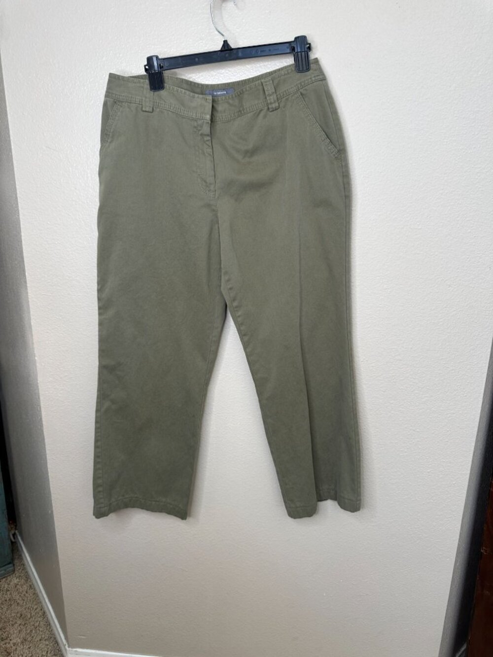 Liz Claiborne Womens Olive Green Straight-Leg Audra Pants 14 Cotton Wide Leg
